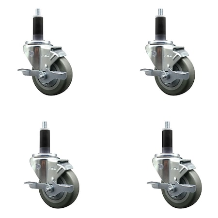 Service Caster 3.5'' SS Gray Poly Swivel 1-1/8'' Expanding Stem Caster Set with Brake, 4PK SCC-SSEX20S3514-PPUB-TLB-118-4